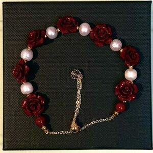 Elegant Red Rose Natural Cinnabar and Pearl Bracelet